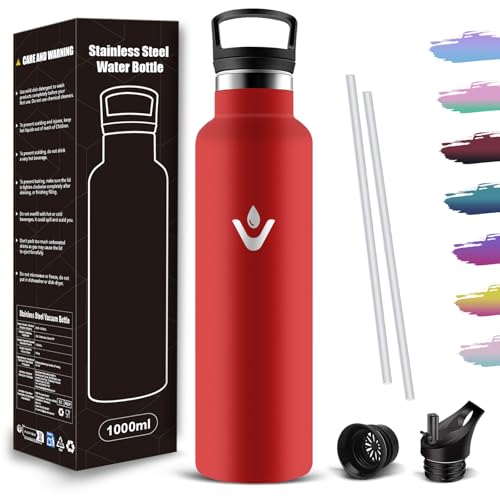 Mujigaga Botella Agua Acero Inoxidable 1 litro, Botella agua Gimnasio Sin BPA, Water Bottle con Pajita y Filtro, A Prueba de Fugas, Cantimplora para Oficina, Deporte, Escuela, Viaje, Hogar, Bicicleta