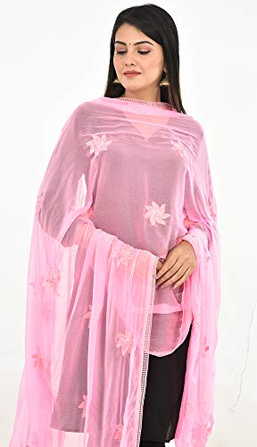 Image of YOUTHQUAKE Flower Embroidered Diamond Work Chiffon Dupatta for Womens & Girls With 4 Side Lace