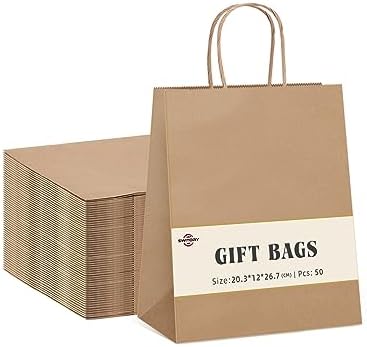 Switory 50pc Paper Bag with handles. White Kraft Gift Bags for Presents to Party Favor, Birthday,Christian,Thanksgiving,Christmas, Wedding13.3x9.5x20.3cm