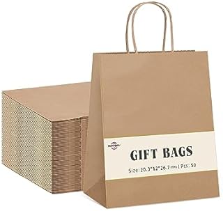 Switory 50pc Paper Bag with handles. White Kraft Gift Bags for Presents to Party Favor, Birthday,Christian,Thanksgiving,Christmas, Wedding13.3x9.5x20.3cm