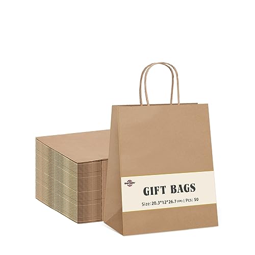 Switory Bolsa de papel Kraft de 50 piezas con asa, bolsa de regalo de compras marrón de 20x12x26,5cm para regalos de fiesta, embalaje, personalización, transporte, venta al por menor, boda