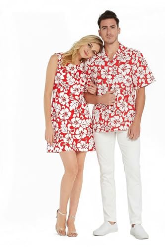 Image of Matchable Couple Hawaiian Luau Men Shirt or Women Tank Dress in Classic Vintage Hibiscus