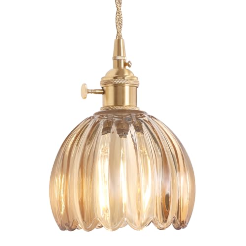 Image of Shenmoyl Pendant Light with Amber Tulip Glass Lmapshade, Brass Vintage Pendant Light Adjustable Hanging Light for Kitchen Island Dining Room Hallway
