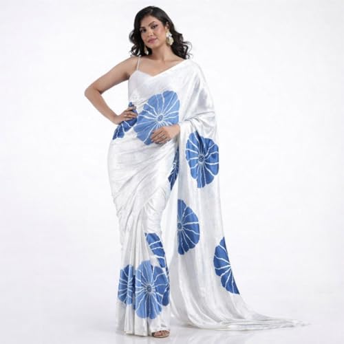 Image of Japan Satin Floral Print Saree for Women with Blouse Piece - Satin Finish Draped Saree