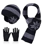 Kids Winter Hat Scarf Gloves Set 3Pcs, 3-12Y Fleece Lined Beanie With Earmuffs Double Layer Scarf Touchscreen Gloves Toddlers (Black)