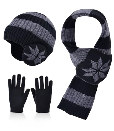 Image of Kids Winter Hat Scarf Gloves Set 3Pcs, 3-12Y Fleece Lined Beanie With Earmuffs Double Layer Scarf Touchscreen Gloves Toddlers