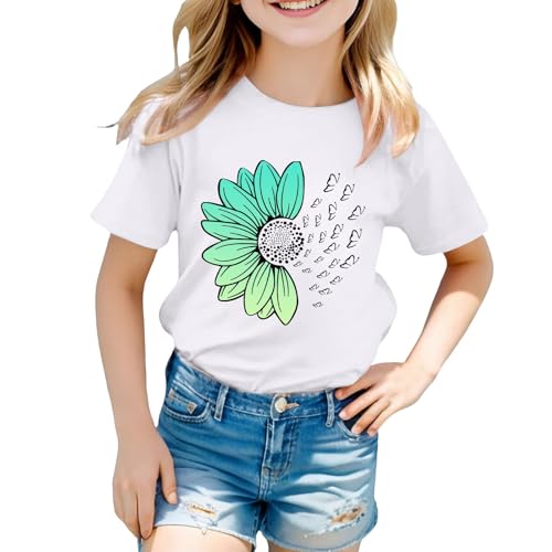 Girls Loose Fit Sunflower Graphic T Shirts Short Sleeve Crewneck Cute Pattern Printed Tops Kids (I-White, 3-4 Years)3