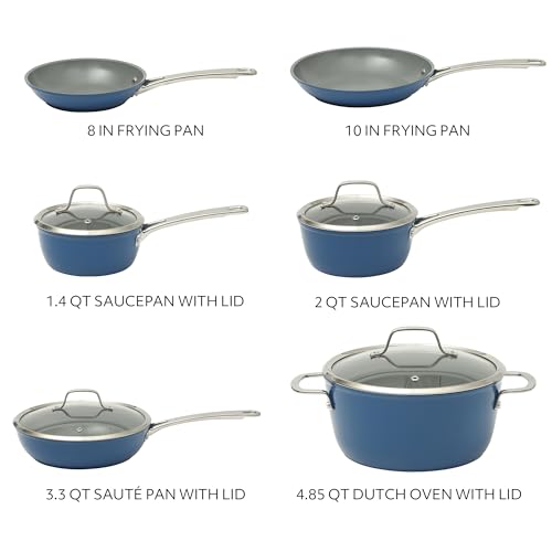 Sur La Table Kitchen Essentials Cool Commune Hard Anodized 10 Piece PFA Free Ceramic Non stick Interior Forged Durable Aluminum Pots and Pans Cookware Set - Blue - Induction Compatible by Sur La Table - Image 3