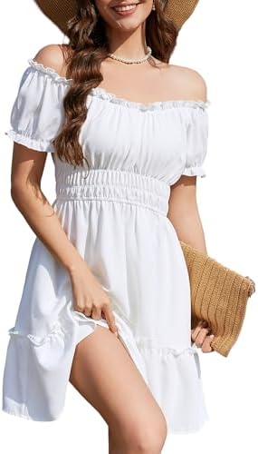 Amoretu Women's Summer Off the Shoulder Dress Smocked Waist Mini ...