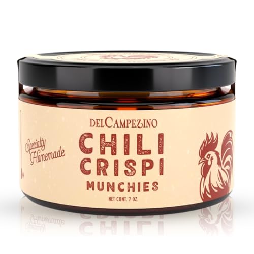 Del Campezino Mexican Chili Crispi Munchies – Savory Garlic Chili Oil Paste Topping with Extra Virgin Olive Oil | Slow Infused Spicy Garlic Spread in Artisanal Gourmet Table Jar | Vegan, Gluten Free, No MSG – 7 oz