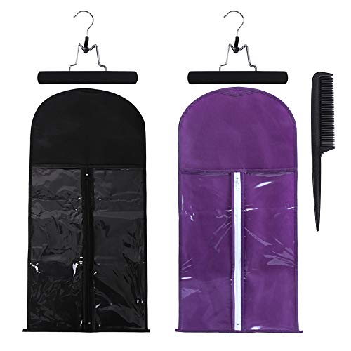2 Pack Hair Extensions Storage Bag With Wooden Hanger Holder Dust-Proof Wig Storage Bag Protection Carrier Case with Zipper for Travel and Daily Use (Black and Purple)