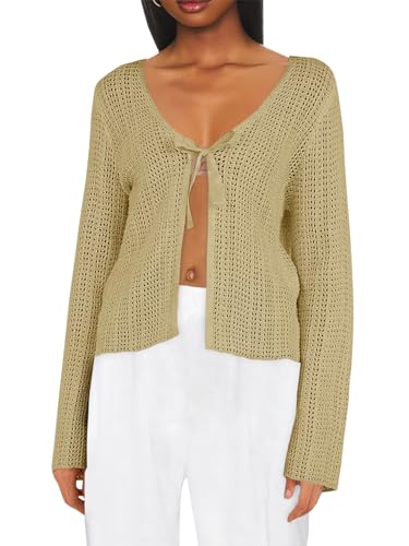 Saodimallsu Womens Summer Crochet Lightweight Cardigans Tie Front Mesh Knit Long Sleeve Casual V Neck Beach Cover Ups