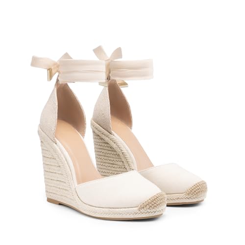 Image of JustFab Wedge Sandals for Women Platform High Heels Summer Mule Open Toe Espadrille Wedges Slip on Comfortable Soft Arch Support Sandals