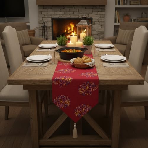 Image of COZY FURNISH Floral Printed Microfiber Cotton Table Runner for 6 Seater Dining Table & Runner with Tassels - 13x72 Inches Decorative Home Kitchen Table Linen