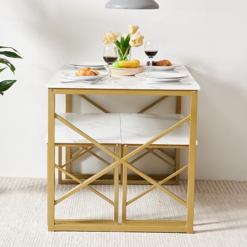 Image of VECELO 43.3 inch Kitchen Dining Table Set for 4, Heavy-Duty Steel Frame & Wood-Grain Tabletop, Space-Saving Dinette Sets with 2 Benches for Breakfast Nook and Small Space, Golden