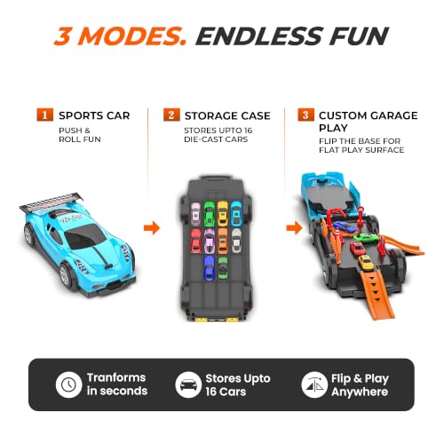 Image of Mirana Car-in-Car Garage Toy for Kids | 4 Diecast Metal Alloy Cars Playset | Foldable Storage with Handle | Store Upto 16 Vehicles | Birthday & Diwali Gift for Boys & Girls 18+ Months (Sky Blue)