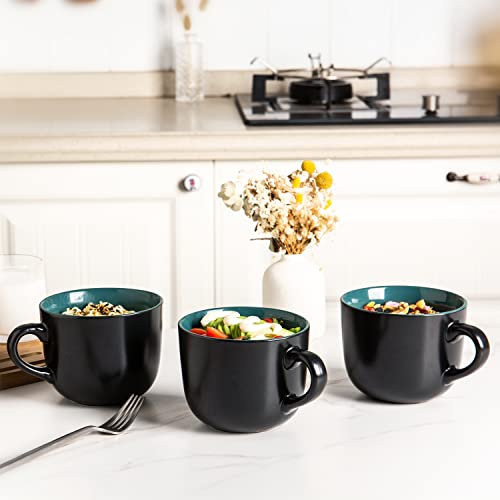 Gbhome Jumbo Soup Mugs With Handles, 24 Oz Large Coffee Mugs Set Of 4, Ceramic Soup Bowls For Coffee,Cereal,Snacks,Salad,Noodles Etc Soup Cups,Microwave&Dishwasher Safe,Matte Black-Green Inside #TOP6