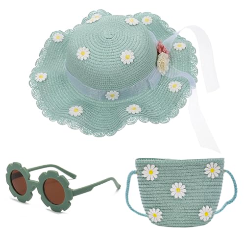 KDFSSIPE Sombrero de Paja Niñas Gafas de Sol Verde Sombrero para el Sol Bebe Mini Bolso de Paja con Flores Sombreros de Paja para la Playa de Verano Actividades al Aire Libre, 3 Piezas