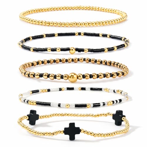 EQUBIO Gold Beaded Cross Bracelet for Women, 14K Plated Adjustable Stackable Dainty Bracelets, Non Tarnish Fashion Jewelry Set Gifts for Women Birthday Friendship (black)