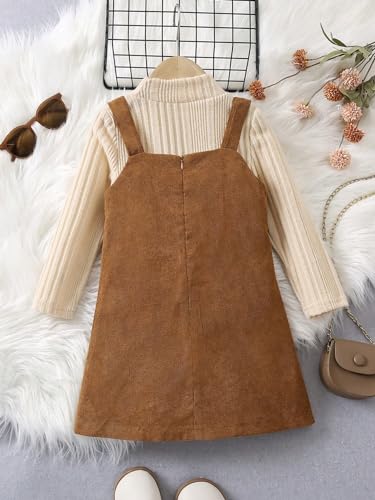 Image of SOLY HUX Toddler Girl's Mock Neck Long Sleeve Tee & Overall Dress | 2 Piece Outfits, Button Front,Winter Overall Set,Fall,Daily Casual