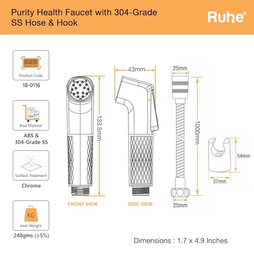 Image of Ruhe Purity Health Faucet Set for Bathroom | Self Cleaning Nozzles | Handheld Jet Spray for Toilet | ABS Hand Gun with 304-Grade Stainless Steel Flexible Tube 1 Meter and Wall Hook /Holder