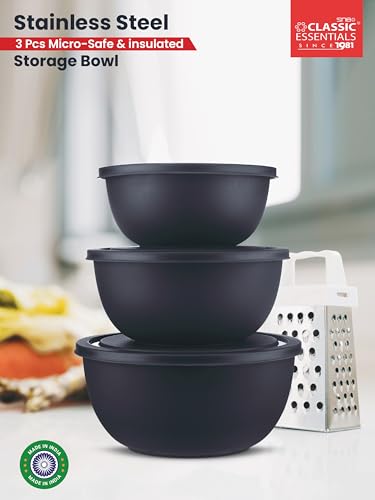 Image of CLASSIC ESSENTIALS Stainless Steel Microwave Safe Mixing Bowls Set with Lid Food Serving and Storage Containers for You Modern Kitchen (CE-MSB-3Navy Blue)