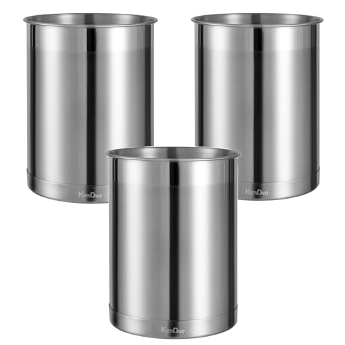 KSENDALO 3 Pack Stainless Steel Utensil Holder for Counter, Brushed Silver Metal Utensil Crock Canister with Heavy Base, Dishwasher Safe, for Kitchen Countertop Storage