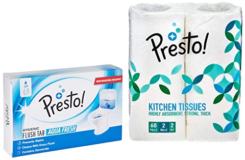 Image of Amazon Brand - Presto! Hygienic Flush Tabs, Aqua Fresh - 50 g (Pack of 6) & 2 Ply Kitchen Tissue /Towel Paper Roll - 2 Rolls (60 Pulls Per Roll)