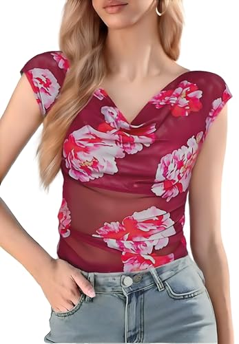 GERT COREL Women's Cowl Neck Sleeveless Top 2026 Sleeveless Ruched Floral Printed Shirts Summer Tank Tops Burgundy - image 1