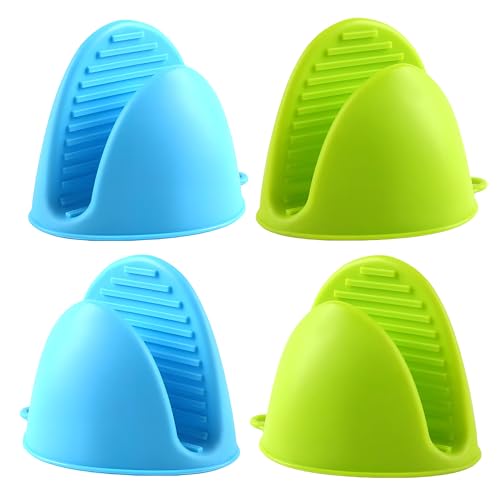 2 Pairs (Blue & Green),Mini Silicone Oven Gloves, Mini Finger Protector Pot Holder for Kitchen,Cooking,Baking,BBQHeat Resistant Gloves，can be Washed in the Dishwasher