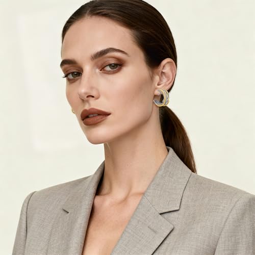 Image of Gold and Silver Mixed Metal Clip-On Earrings Two Tone Clip-On Earrings Chunky Twist Open Hoops Earring Fashion Jewelry