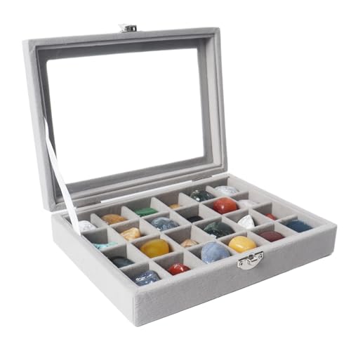 Dmnnlp Vitrina de 24 rejillas, caja de colección de rocas de terciopelo con tapa transparente de cristal, caja de exhibición de almacenamiento para pequeños anillos de piedra fósil de cristal fósil