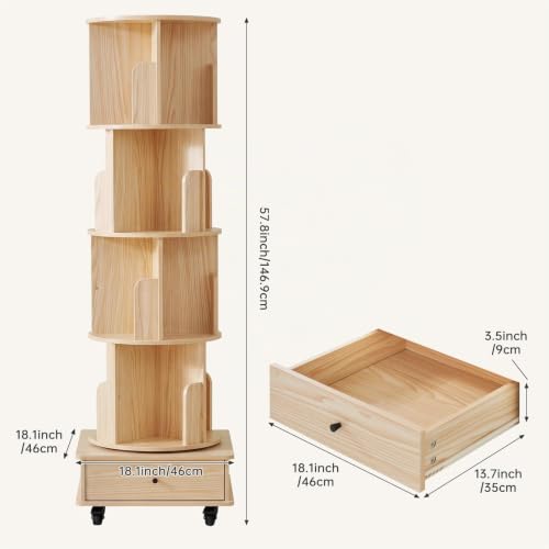 Nordivale Drehbares Bücherregal 360° Frei, Bücherregal Drehbar Farbe Naturholz, Bücherregal Kinder mit rollbar & extra Unterschublade… – Ansicht 5