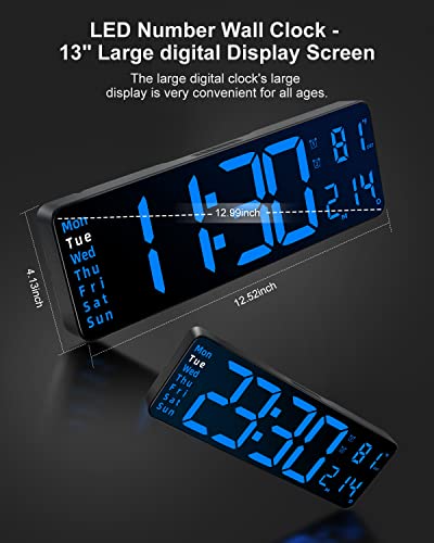 Image of JoFomp Digital Alarm Clock for Bedroom - Large 13 Inch LED Display, Remote Control, Automatic Brightness, Daylight Saving Time, Temperature, Timer, Date, Week - 12 /24H (Blue)