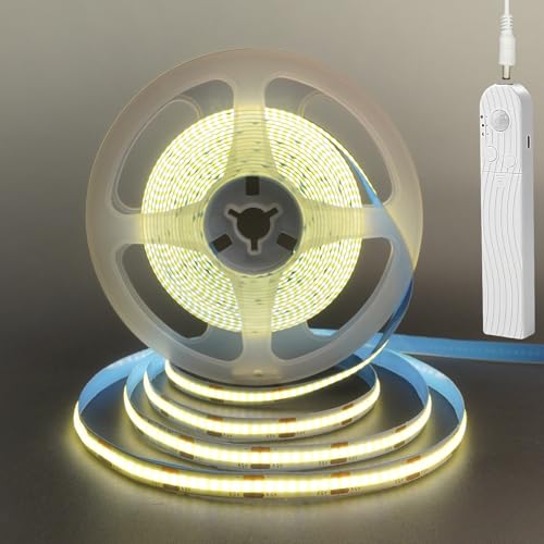 Clearhill 5V Motion Sensor Dimmable USB Rechargeable COB LED Strip Lights,Built-in 1500mAh Battery,Three Modes,6.56FT/2M,Natural White 4000K,320LEDs/M,Night for Closet,Wardrobe,Bed,Stairs,Kitchen