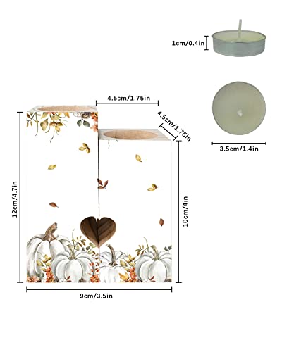Thanksgiving Candle Holders Set, Wooden Tealight Candle Holder Gifts For Women, Grey Pumpkin Flower Leaves Fall Botanical Candlesticks Holder Decor For Wedding Dinning Party #TOP2