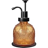Amolliar 8 Oz Vintage Glass Bathroom Soap Dispensers with Pump, Refillable Kitchen Dish Soap Dispenser with Stripe, Antique Rustic Hand Soap Liquid Bottle (Brown-Black Pump)
