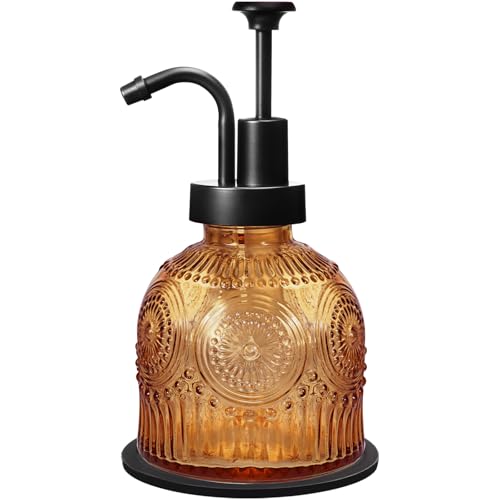 Amolliar 8 Oz Vintage Glass Bathroom Soap Dispensers with Pump Refillable Kitchen Dish Soap Dispenser with Non-Slip Mat Antique Rustic Hand Soap Liquid Bottle (Brown-Black Pump)