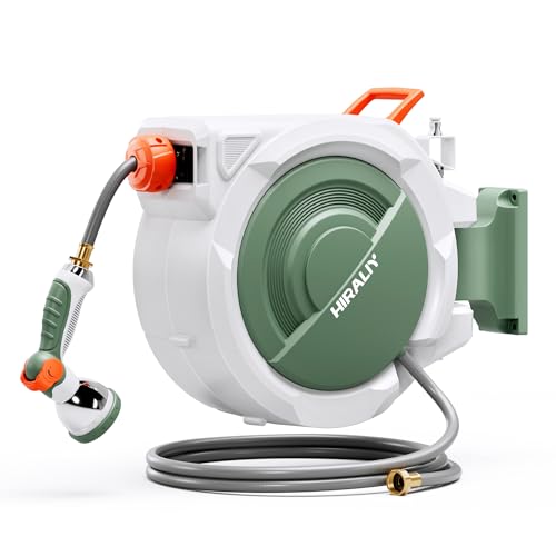 HIRALIY Retractable Garden Hose Reel 1/2'' x 100 ft + 6 ft, Super Heavy Duty, Any Length Lock, Automatic Rewind, Wall Mounted and 180° Swivel Bracket