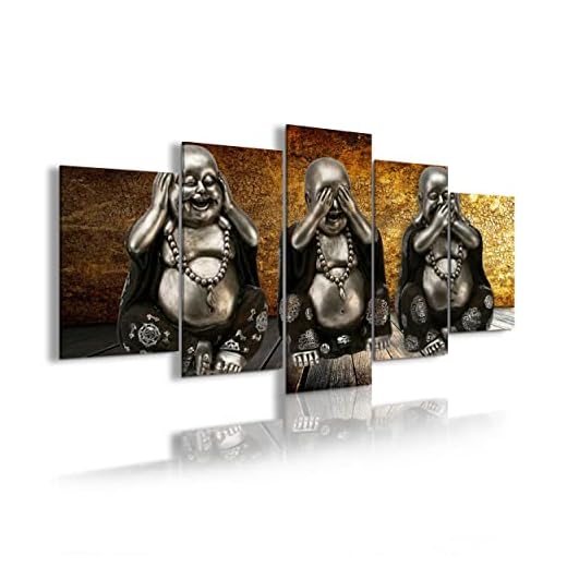 DekoArte 186 - Cuadros Modernos Impresión de Imagen Artística Digitalizada | Lienzo Decorativo Para Tu Salón o Dormitorio | Estilo Zen 3 Budas Ver Oír y Callar Fondo De Madera | 5 Piezas 200x100cm XXL