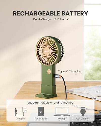 Image of Mini Portable Handheld & Desktop Fan with Phone Holder, 3-Speed Adjustment, Type-C Charging (Cable Included), Silent Compact Travel Fan for Office, Desk, Home & Outdoor Use (SAL-TF01 -Green)