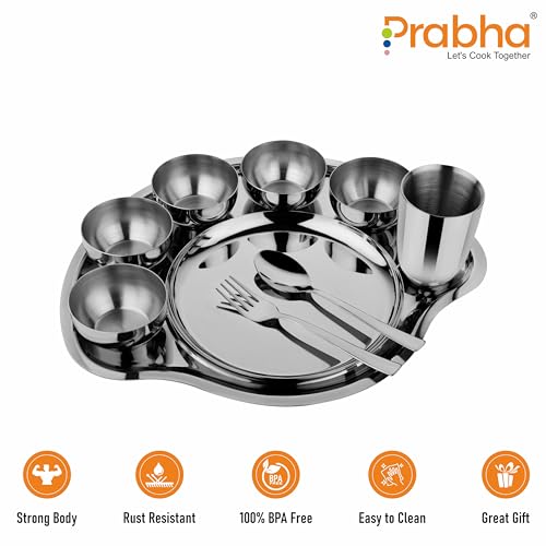 Image of Prabha Stainless Steel Dinner Set of 9 Pcs | Shagun Rajwada Silver Thali Set For Serving |Bhojan Thal Kitchen Dinnerware Set Ideal Gifting Anniversary, Wedding |Durable, Cleanable, Useable, High Grade