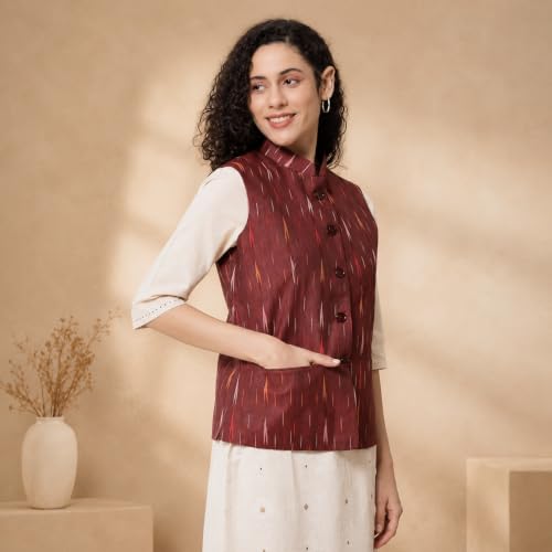 Image of Vastraa Fusion Women's Ikat Cotton Nehru Jacket Printed Waistcoat Sleeveless Mandarin Collar Button Front Ethnic Casual Wear