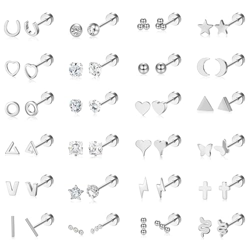 Sanfenly 24 Pairs Stud Earrings for Women Men 20G Stainless Steel Tiny Silver Gold Rose Gold Black Cartlidge Earrings Stud Small Snake Star Moon Ball Butterfly Triangle Heart Square Round CZ Screw