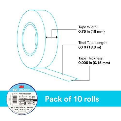 Image of 3M Temflex Vinyl Electrical Tape 165, 3 /4 in x 60 ft, Blue, 10 Roll Pack | Multi-Purpose, 19 mm x 18 m