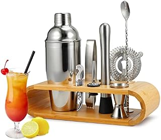 Gunolye 2 10 Pieces, Stainless Steel Shaker Cocktail Making Set,Large Drink Mixer Bamboo Stand,Perfect Home Bartending Kit(750ML)