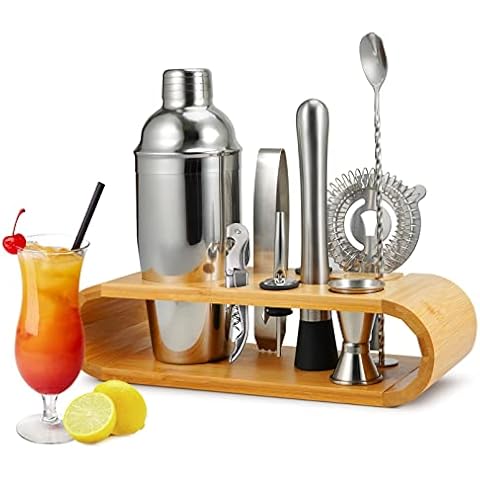 Gunolye 2 10 Pieces, Stainless Steel Shaker Cocktail Making Set,Large Drink Mixer Bamboo Stand,Perfect Home Bartending Kit(750ML) Cover