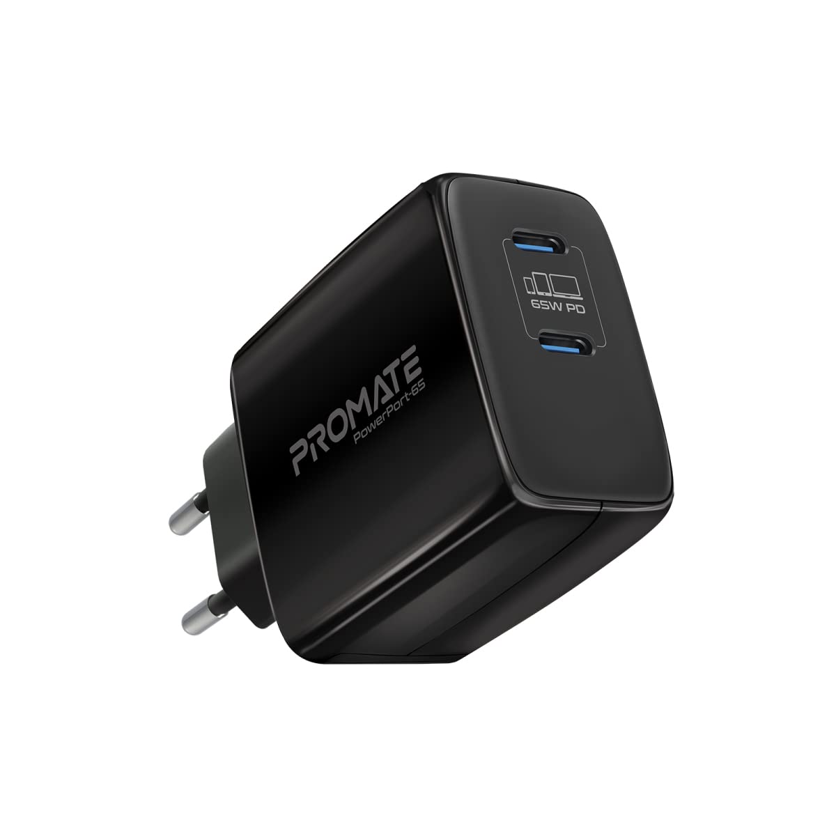 Promate65W USB-C Power Delivery GaN Charger, Universal Powerful GaN Tech Fast Charger with 2 Type-C Port, Adaptive Charging and Over-Charging Protection for USB-C Powered Devices, POWERPORT-65.EU-BK