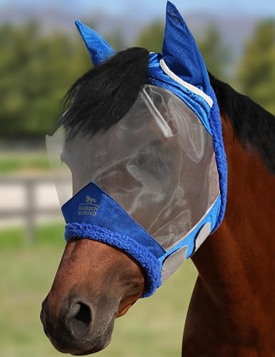 Harrison Howard CareMaster Horse Fly Mask UV Protective Fine Mesh with Extra Wool Soft Touch on Skin Champion Blue-Silver L
