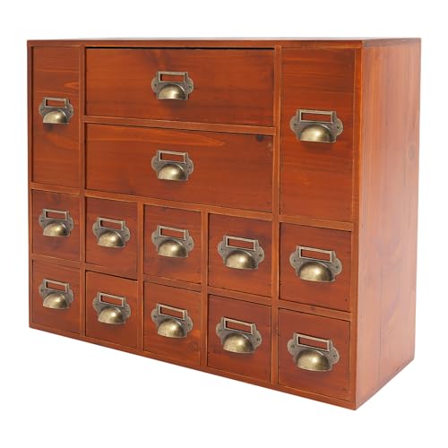 LyeXD 14 Drawers Apothecary Cabinet with Drawers, Wooden Desk Drawer Organizer with 14 Drawers Tabletop Apothecary Chests and Cabinets, Library Card Catalog Cabinet Herb Storage Box (Brown)